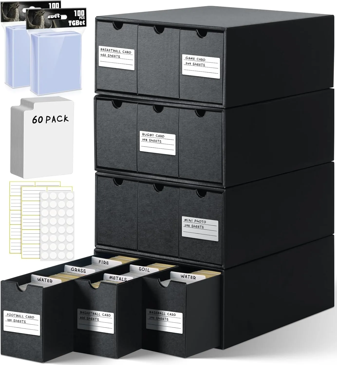 8000  Trading Card Storage Box with 200ct Penny Soft Sleeves, Trading Card Organizer for Collectible Game Cards, MTG TCG Baseball Sports Cards, with Label Stickers(12 Drawers, 60 Dividers)
