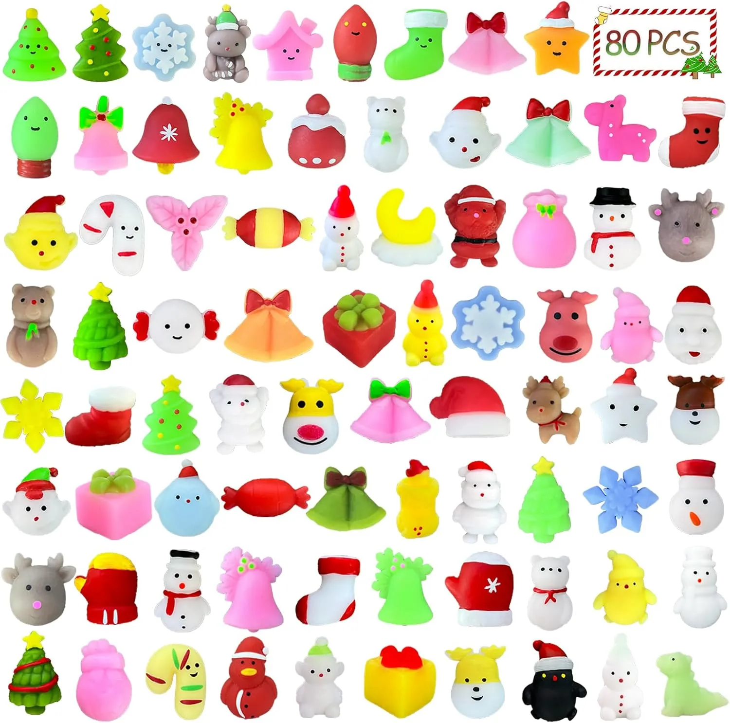 80PCS Random Christmas Mochi Squishy Toys Squishies Christmas Toys for Kids Girls Boys Toddlers Christmas Party Favors, Stress Relief Toys Classroom Prizes Stocking Stuffers Gifts