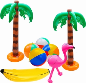 8 Pack Inflatable Luau Party Decorations Includes Inflatable Blow up Palm Trees Banana Beach Balls Flamingo Outdoor Hawaiian Summer Beach Decor PVC Material