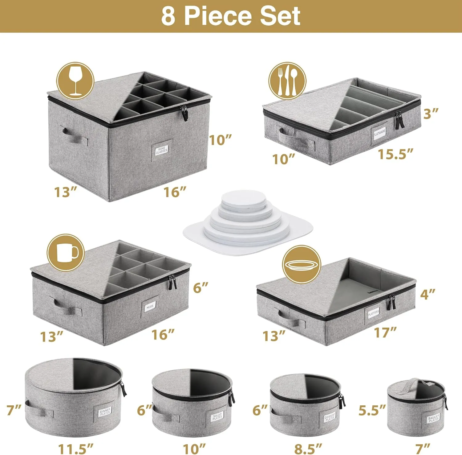 8pcs Hard Shell China Dinnerware Storage Containers with Lid - Heavy Duty Mug, Wine Glass, Platter, Silverware and Plate Storage Box