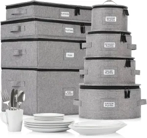 8pcs Hard Shell China Dinnerware Storage Containers with Lid - Heavy Duty Mug, Wine Glass, Platter, Silverware and Plate Storage Box