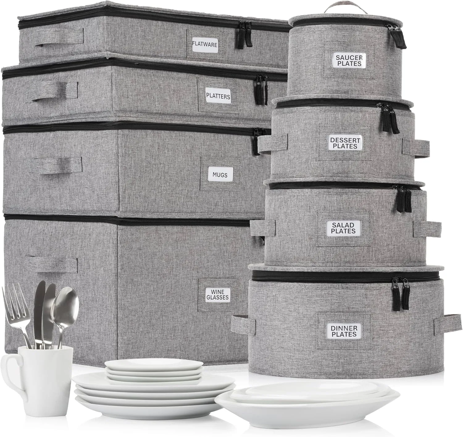 8pcs Hard Shell China Dinnerware Storage Containers with Lid - Heavy Duty Mug, Wine Glass, Platter, Silverware and Plate Storage Box