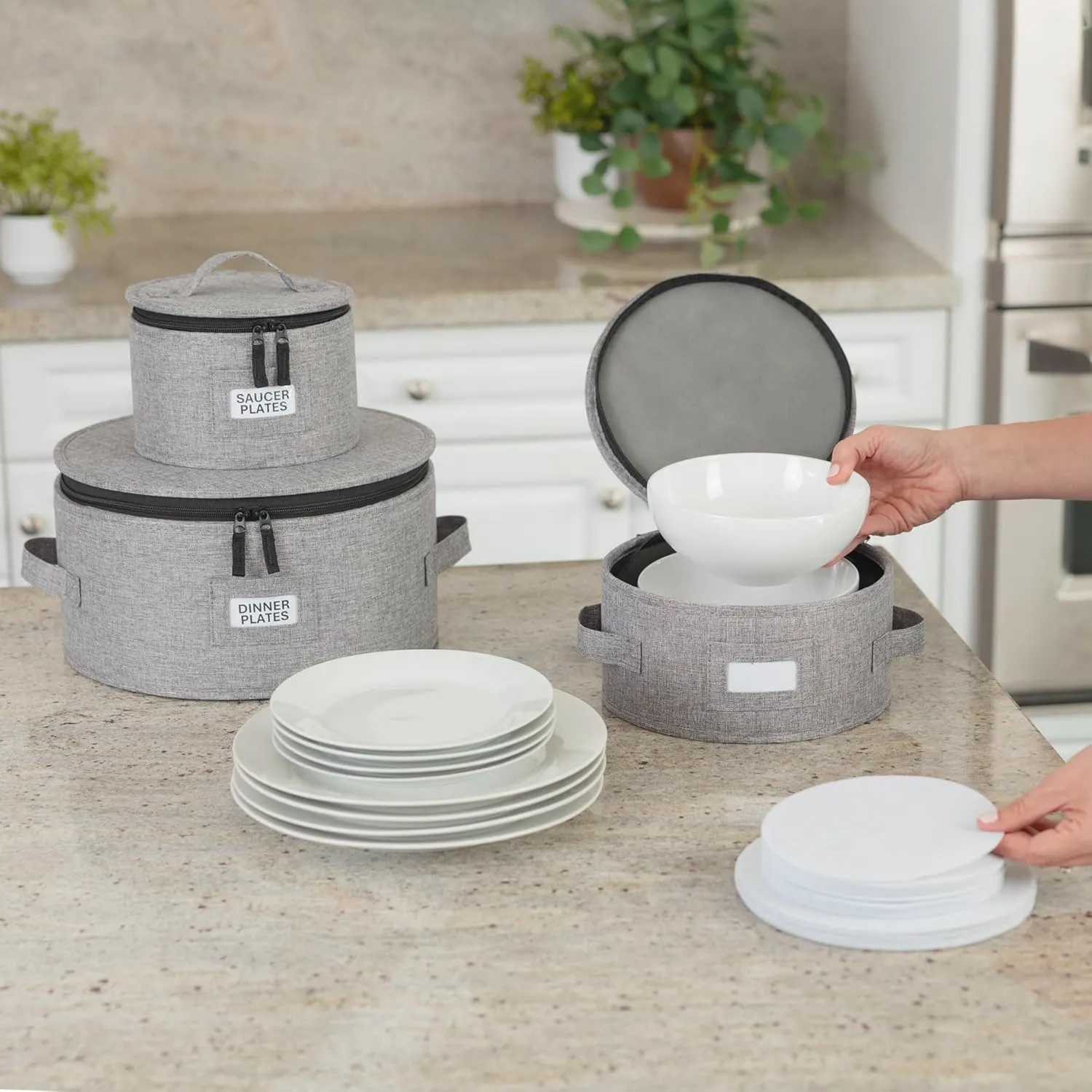 8pcs Hard Shell China Dinnerware Storage Containers with Lid - Heavy Duty Mug, Wine Glass, Platter, Silverware and Plate Storage Box