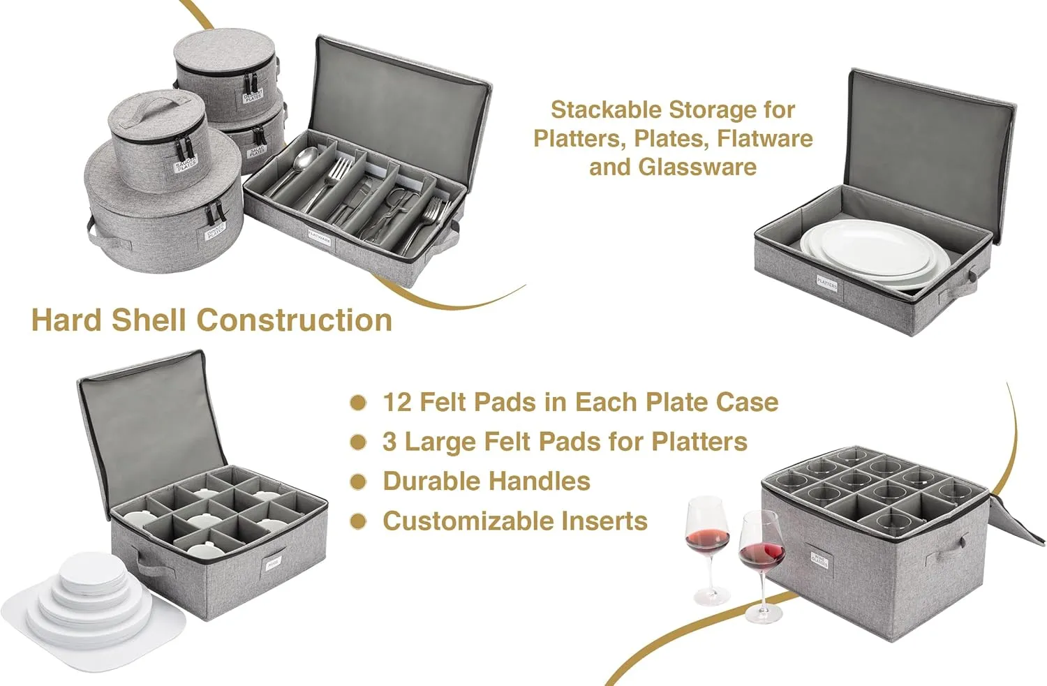 8pcs Hard Shell China Dinnerware Storage Containers with Lid - Heavy Duty Mug, Wine Glass, Platter, Silverware and Plate Storage Box