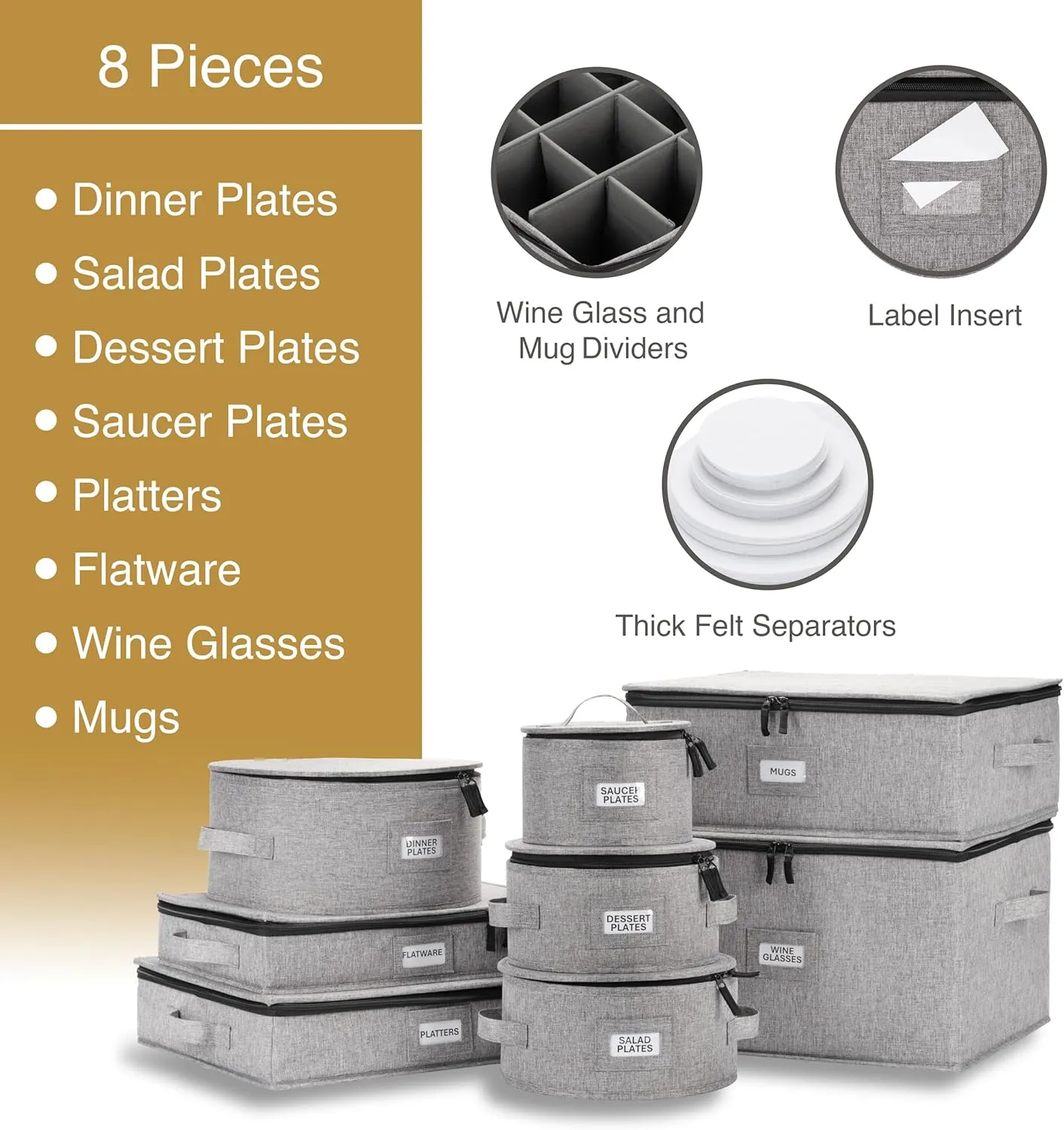 8pcs Hard Shell China Dinnerware Storage Containers with Lid - Heavy Duty Mug, Wine Glass, Platter, Silverware and Plate Storage Box