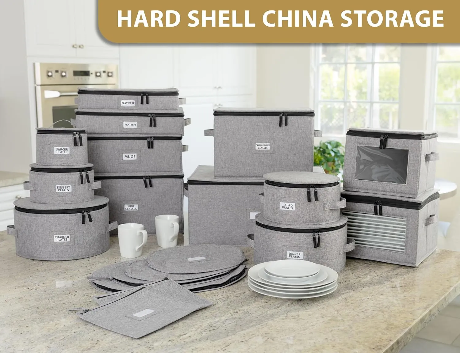8pcs Hard Shell China Dinnerware Storage Containers with Lid - Heavy Duty Mug, Wine Glass, Platter, Silverware and Plate Storage Box