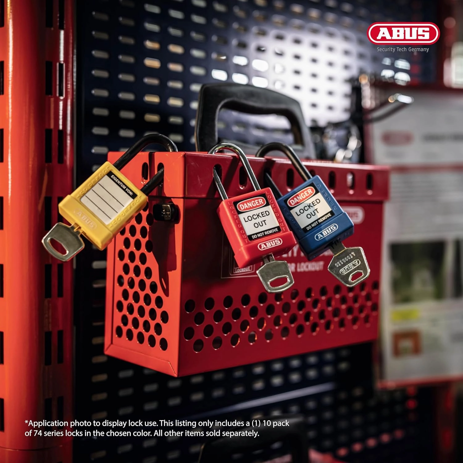 ABUS Red Pack of 10 Lockout Tagout Premium Solid Body Safety Padlock Set - OSHA Compliant Loto Locks Insulated Against Electric Shock, Keyed Different, 1 Key Per Lock