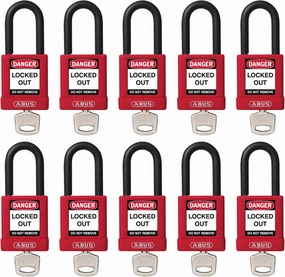 ABUS Red Pack of 10 Lockout Tagout Premium Solid Body Safety Padlock Set - OSHA Compliant Loto Locks Insulated Against Electric Shock, Keyed Different, 1 Key Per Lock