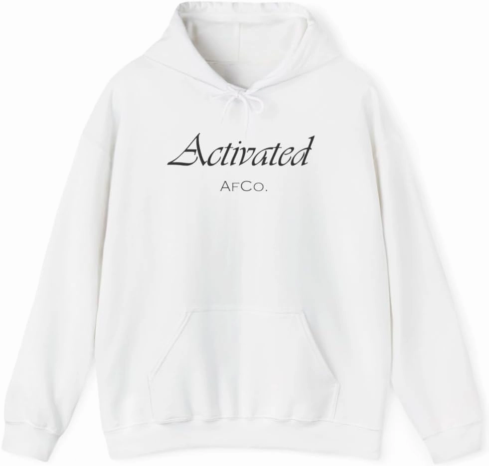 Activated White Hoodie for Men 100% Ring-Spun Cotton, Relaxed Fit Pullover with Minimalist “Activated” Graphic