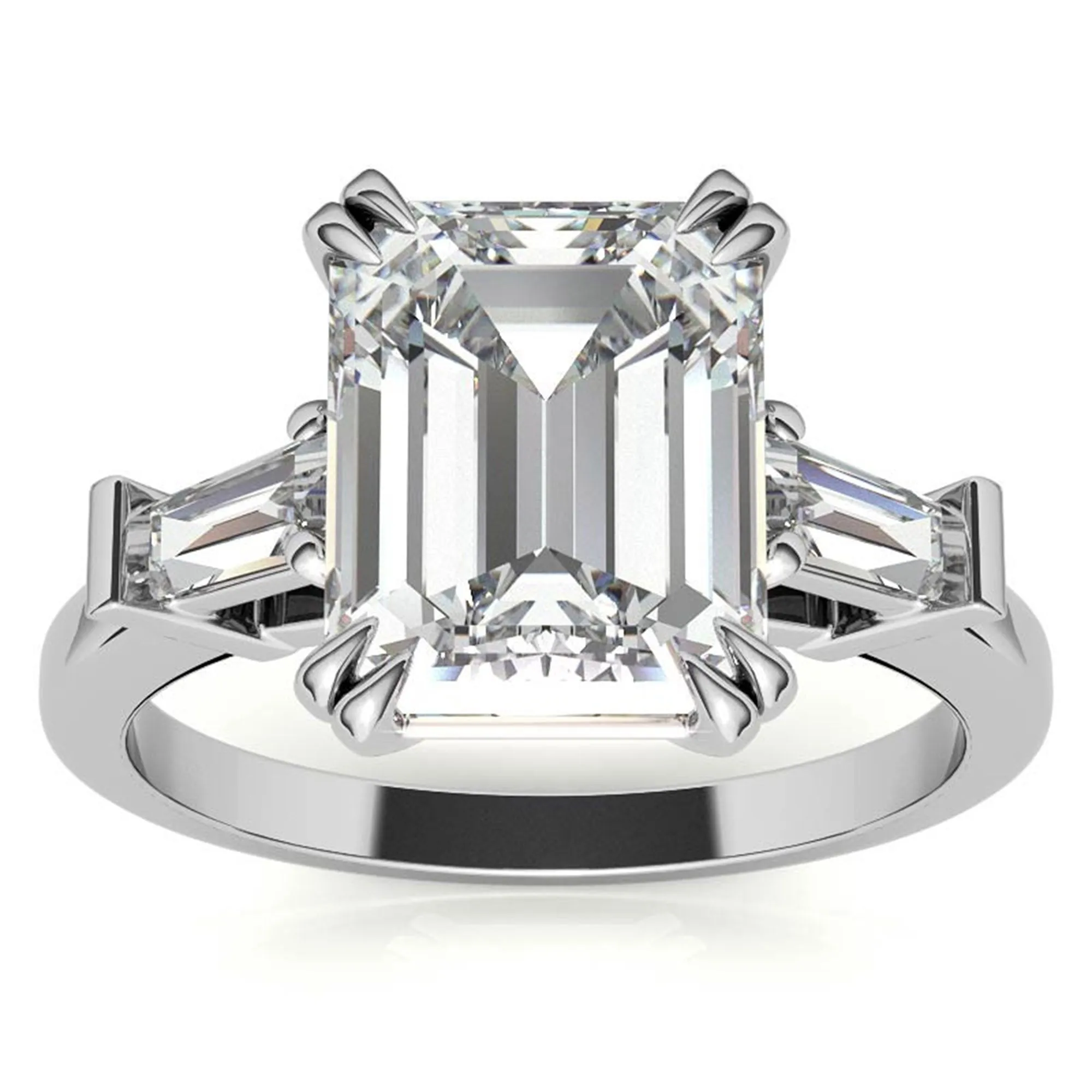 Adjustable Engagement Sterling Silver White Gold Three-Stone Emerald-Cut with Baguette Ring For Woman