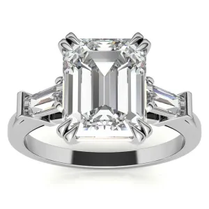 Adjustable Engagement Sterling Silver White Gold Three-Stone Emerald-Cut with Baguette Ring For Woman
