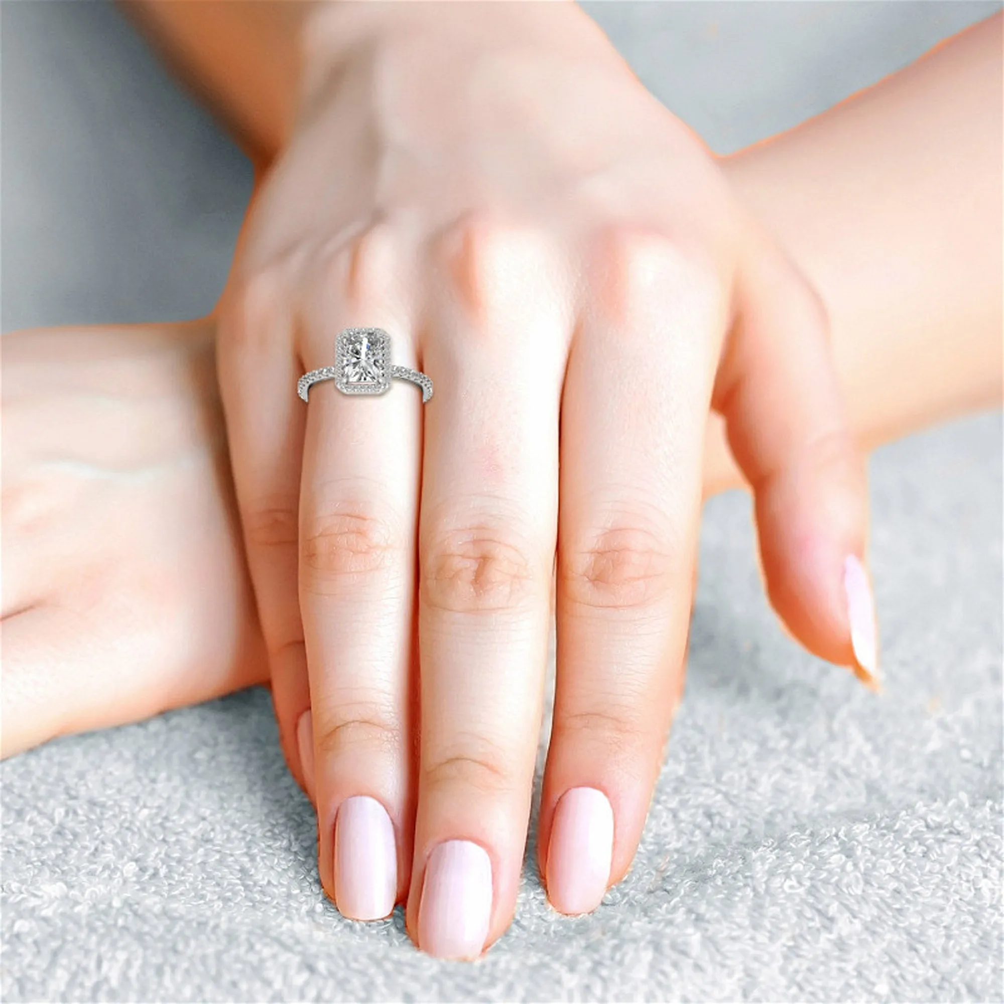 Adjustable Sterling Silver Elegant White Gold Radiant-Cut Halo Ring Perfect for Engagement