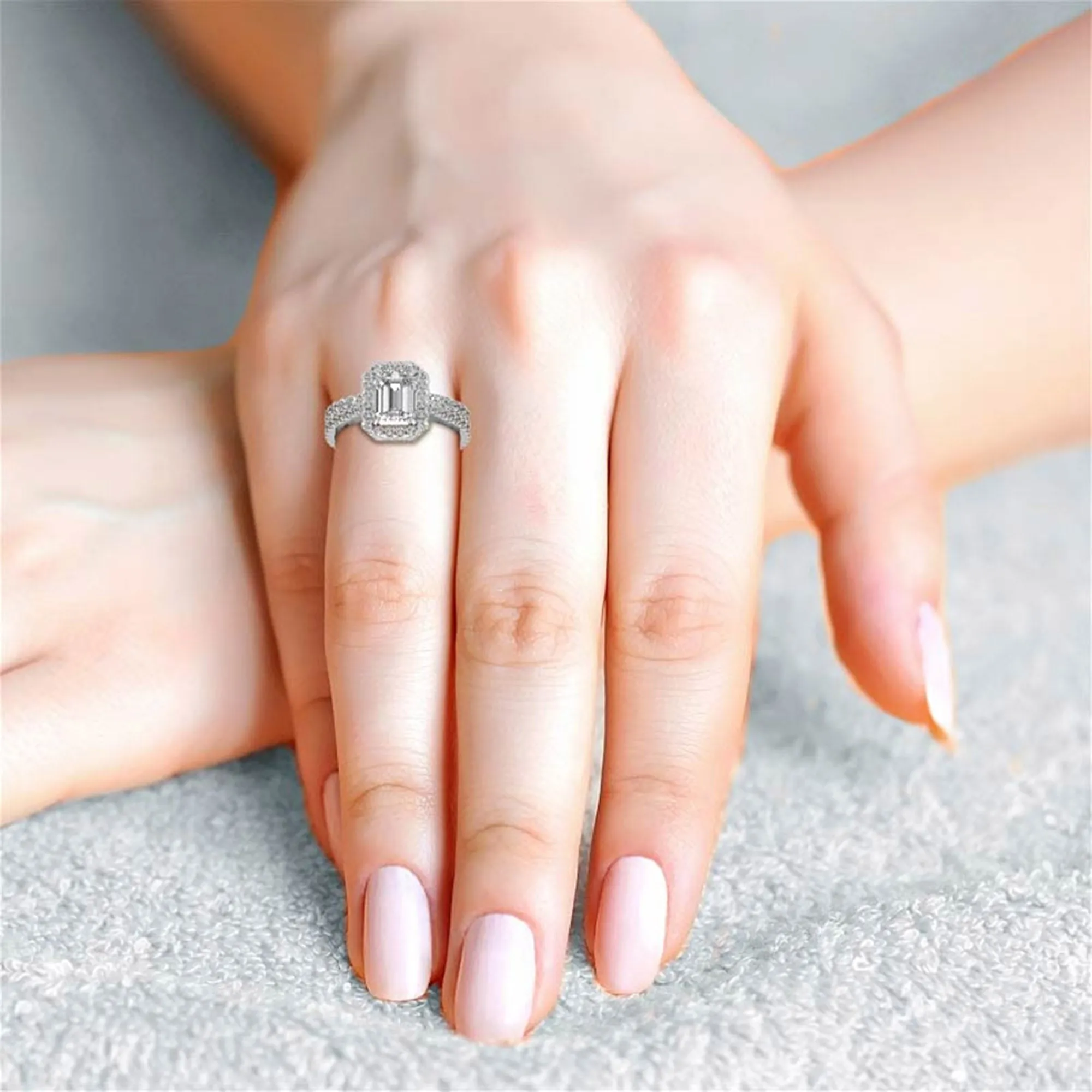 Adjustable  Sterling Silver Engagement White Gold Emerald-Cut Ring For Woman