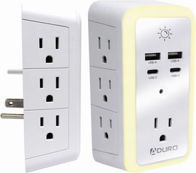 Aduro Multi Plug Outlet Extender with Surge Protector and Night Light, White – Wall Charger Power Strip with Adapter 7 Outlets, 2 USB & 2 Type-C Charging Ports – for Home Office Travel, ETL Listed
