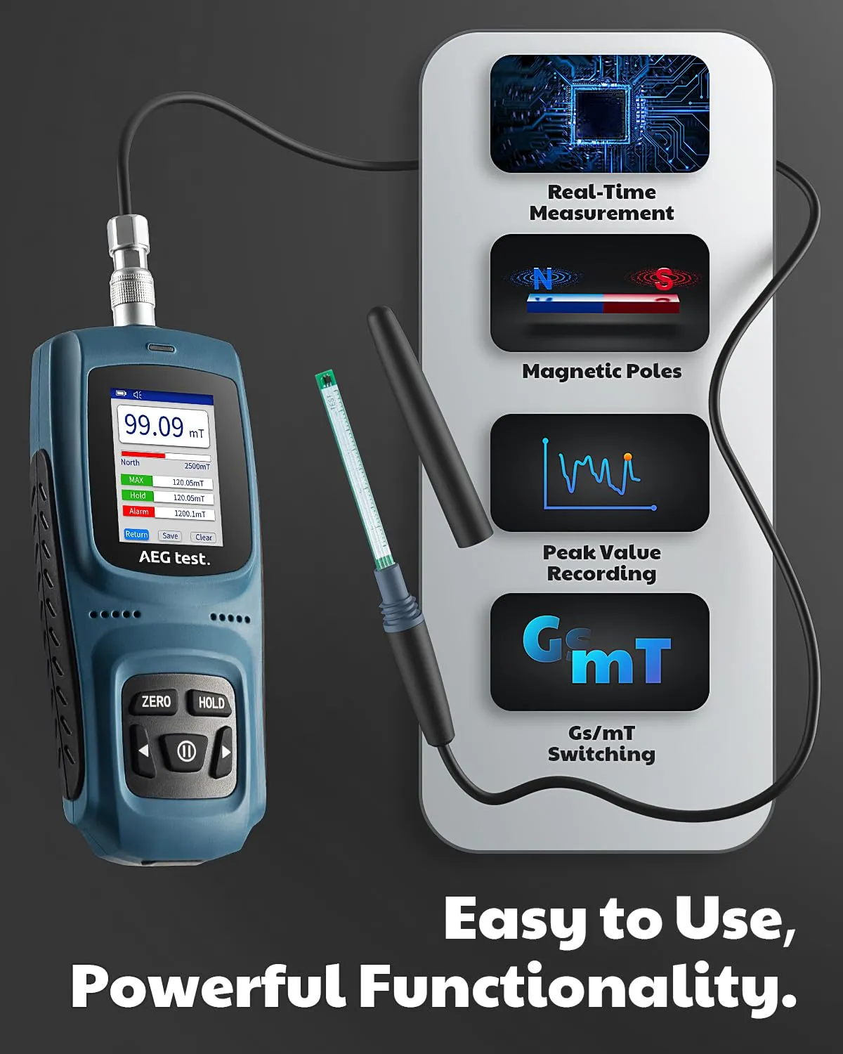 AEG-8103 Gauss Meter, Rechargeable Tesla Meter 0-2500mT, Magnetometer with Data Logging and Alarm, Magnetic Field Strength and Pole Tester, ±5% General Accuracy for Factories, Workshops