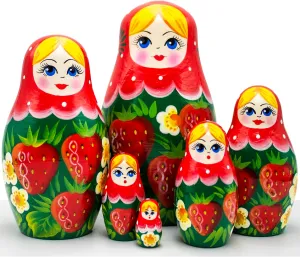 AEVVV Russian Nesting Dolls Wooden Set of 6 pcs - Traditional Russian Matryoshka Strawberry Themed Gifts - Birthday Gift Matryoshka Doll with Strawberries