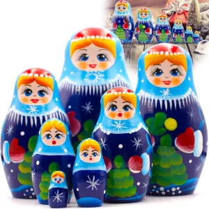 AEVVV Snegurochka Nesting Dolls Set of 7 pcs - Matryoshka Doll with Snow Maiden Christmas Decorations Russian Christmas Nesting Dolls