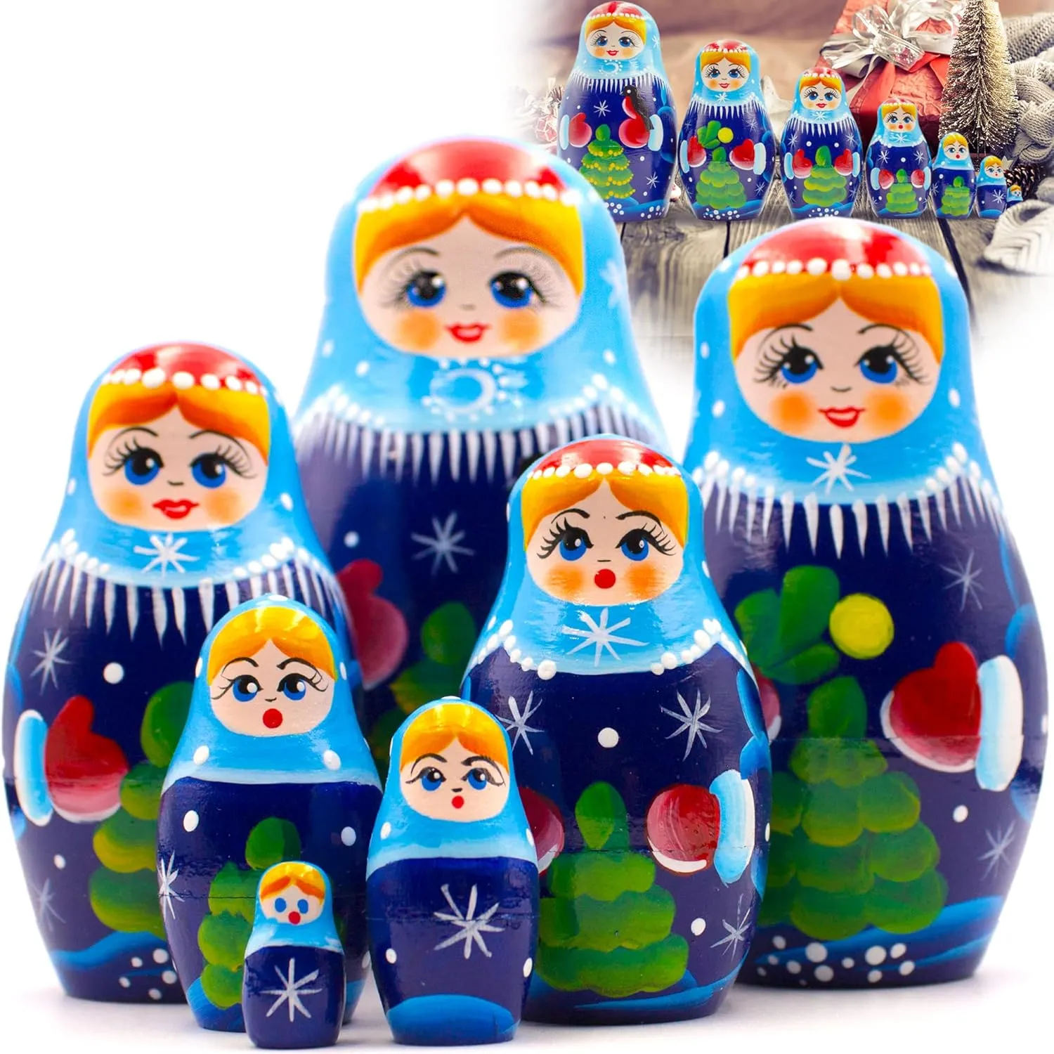 AEVVV Snegurochka Nesting Dolls Set of 7 pcs - Matryoshka Doll with Snow Maiden Christmas Decorations Russian Christmas Nesting Dolls