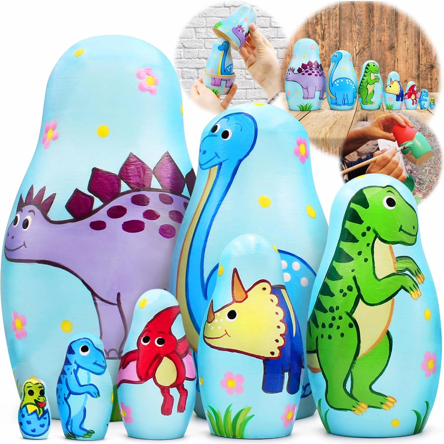 AEVVV Dinosaur Nesting Dolls Set 7 pcs - Dinosaur Decor – Matryoshka Dolls with Dinosaur Decorations