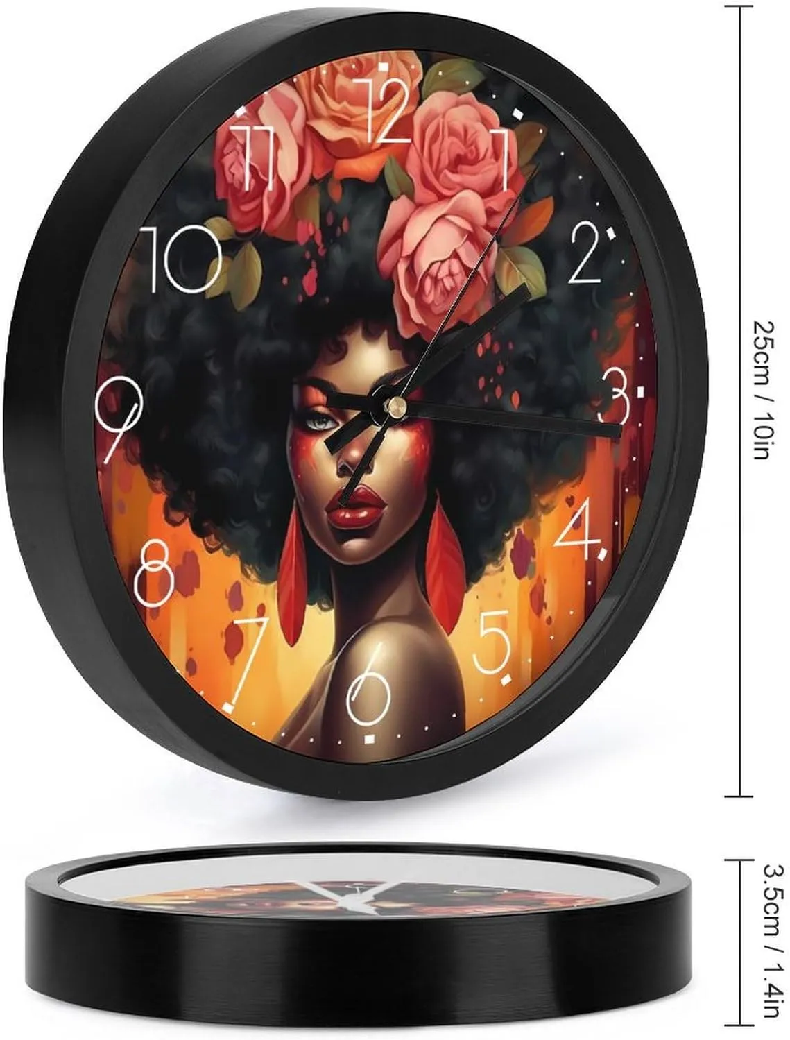 African American Women Wall Clock 10 Inch Silent Non-ticking Battery Operated Decorative Clock for Kitchen Bedroom