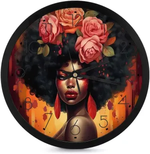 African American Women Wall Clock 10 Inch Silent Non-ticking Battery Operated Decorative Clock for Kitchen Bedroom