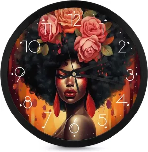 African American Women Wall Clock 10 Inch Silent Non-ticking Battery Operated Decorative Clock for Kitchen Bedroom