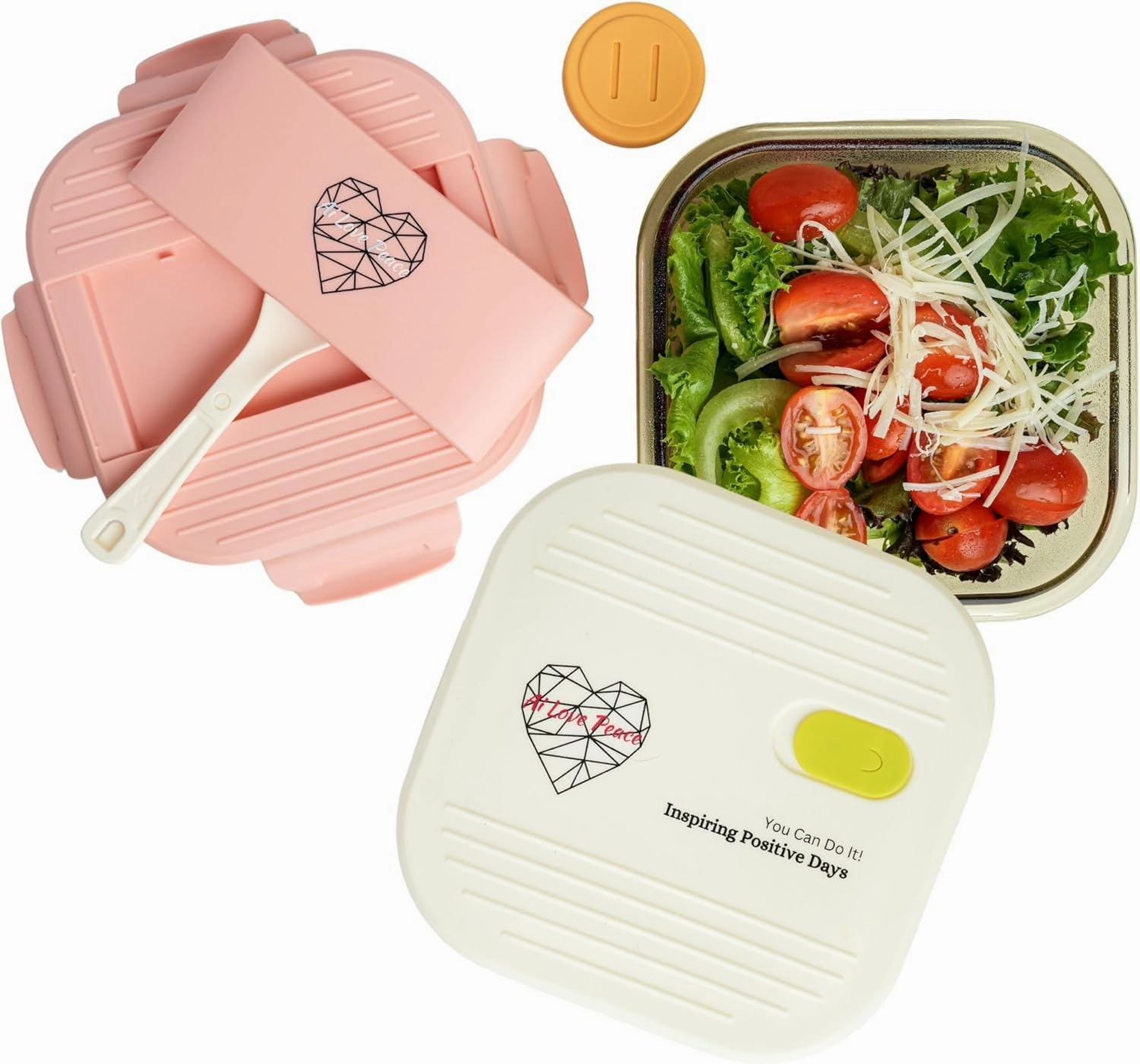AI LOVE PEACE Glass Lunch Container, 26 oz, Microwave-Safe with 2 Lids – White Silicone Vent Lid & Pink Airtight PP Lid, Leakproof Meal Prep Box with Utensil Storage for Salad & Snacks