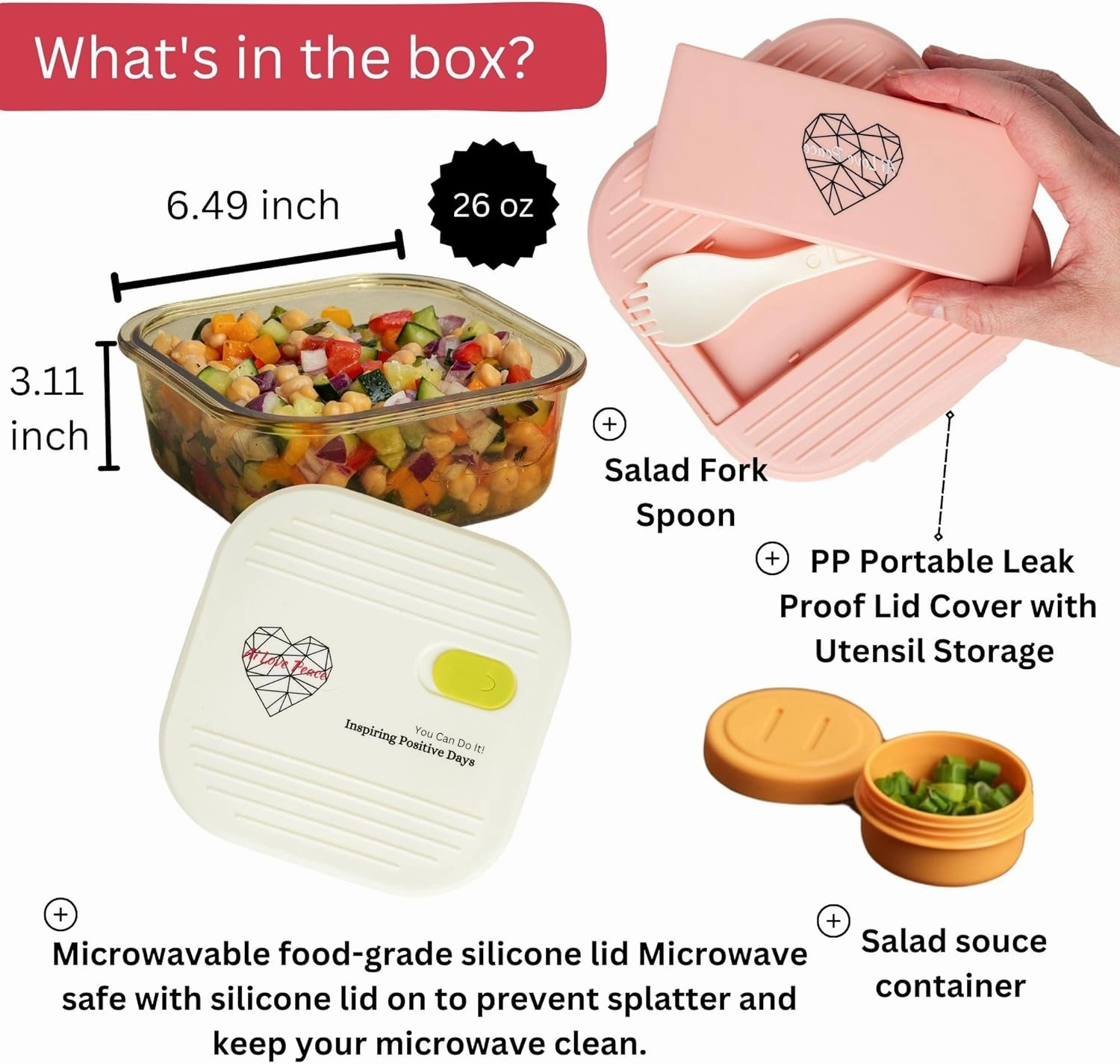 AI LOVE PEACE Glass Lunch Container, 26 oz, Microwave-Safe with 2 Lids – White Silicone Vent Lid & Pink Airtight PP Lid, Leakproof Meal Prep Box with Utensil Storage for Salad & Snacks