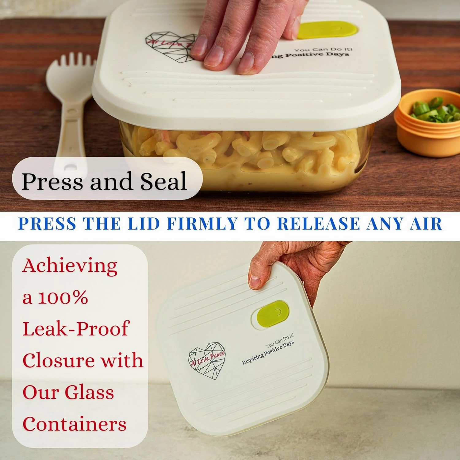 AI LOVE PEACE Glass Lunch Container, 26 oz, Microwave-Safe with 2 Lids – White Silicone Vent Lid & Pink Airtight PP Lid, Leakproof Meal Prep Box with Utensil Storage for Salad & Snacks