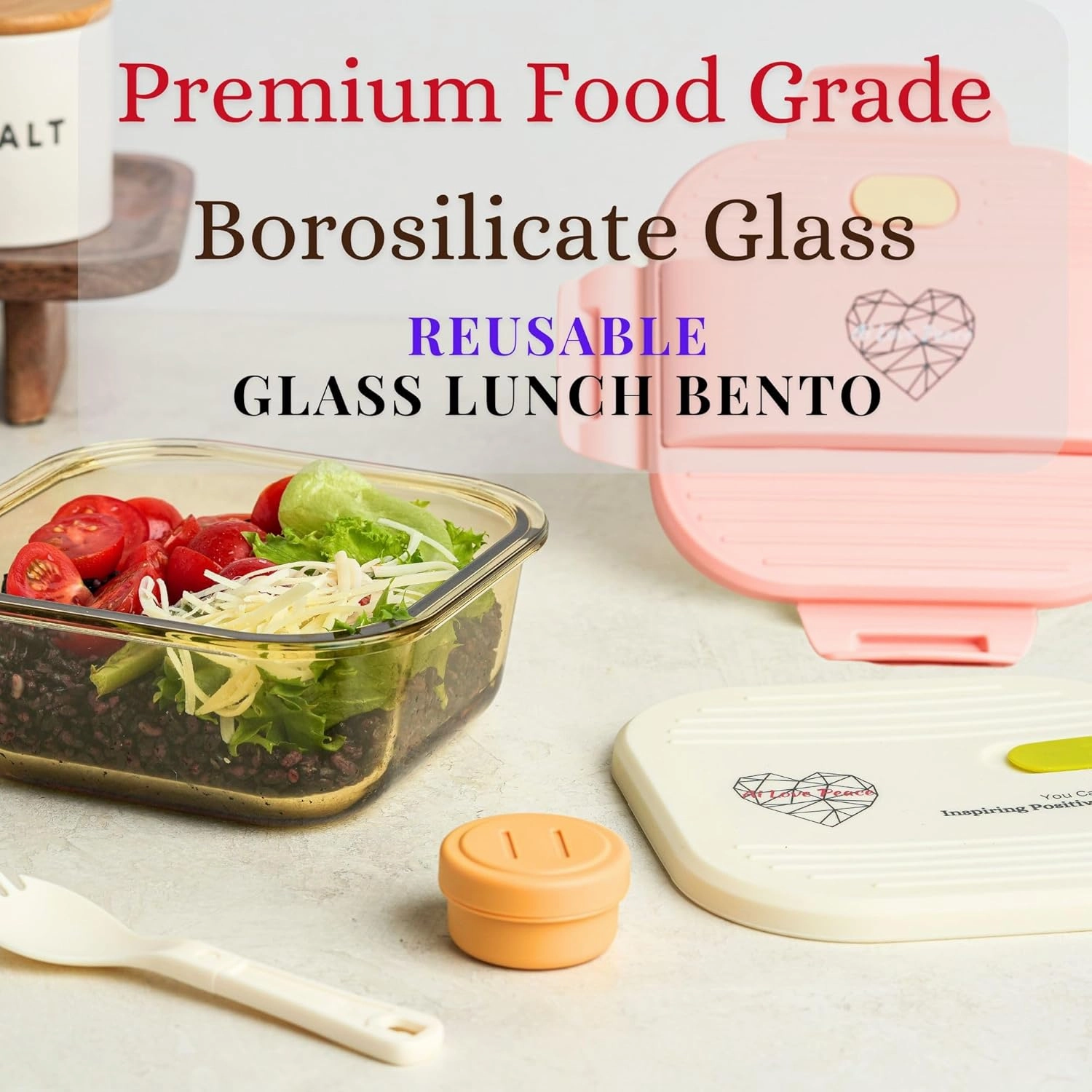 AI LOVE PEACE Glass Lunch Container, 26 oz, Microwave-Safe with 2 Lids – White Silicone Vent Lid & Pink Airtight PP Lid, Leakproof Meal Prep Box with Utensil Storage for Salad & Snacks
