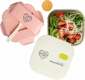AI LOVE PEACE Glass Lunch Container, 26 oz, Microwave-Safe with 2 Lids – White Silicone Vent Lid & Pink Airtight PP Lid, Leakproof Meal Prep Box with Utensil Storage for Salad & Snacks