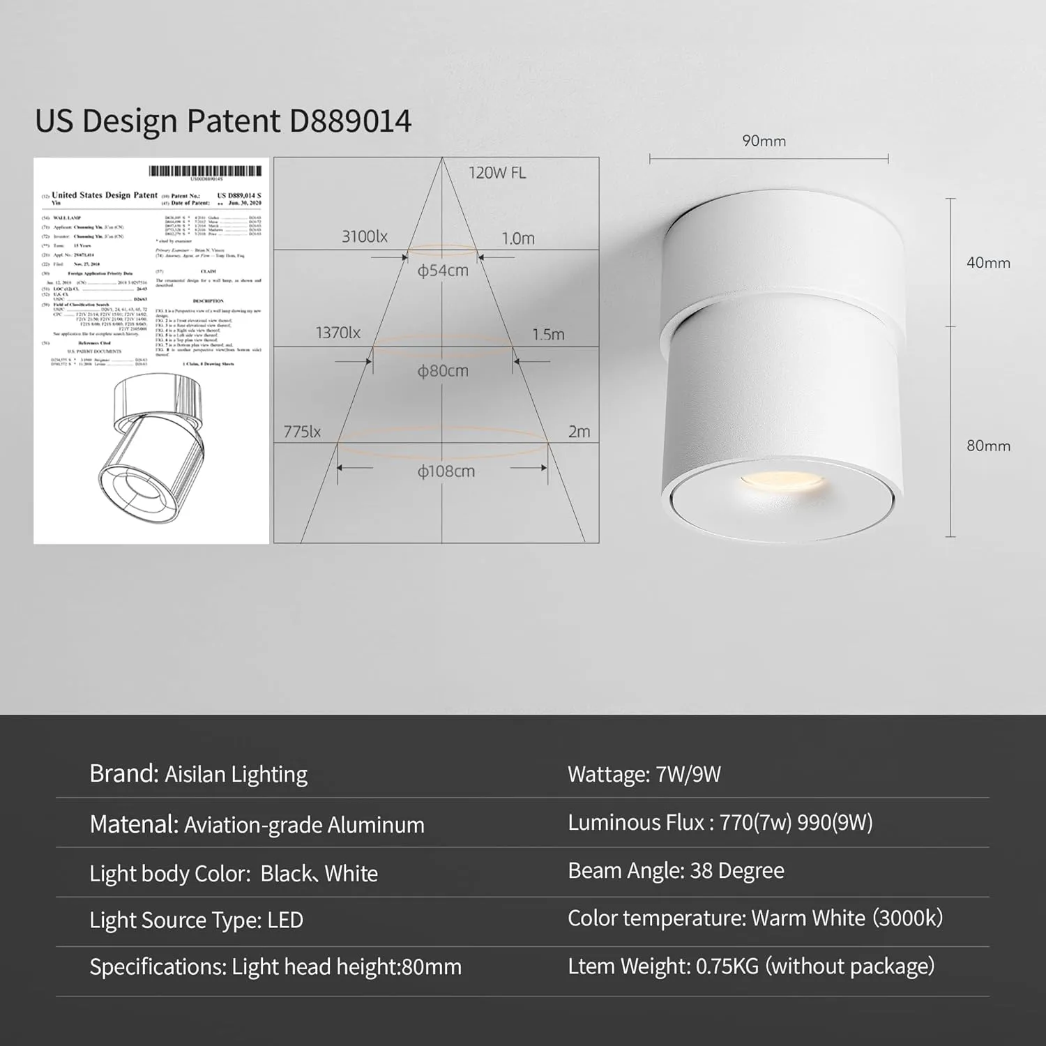 Aisilan LED Ceiling Spotlight Indoor Dimmable 2 Pack, 7W White Directional Accent Light, Adjustable Modern Wall Spot Light, Warm White CRI 97, for Living Room Bedroom (Install Upgrade)