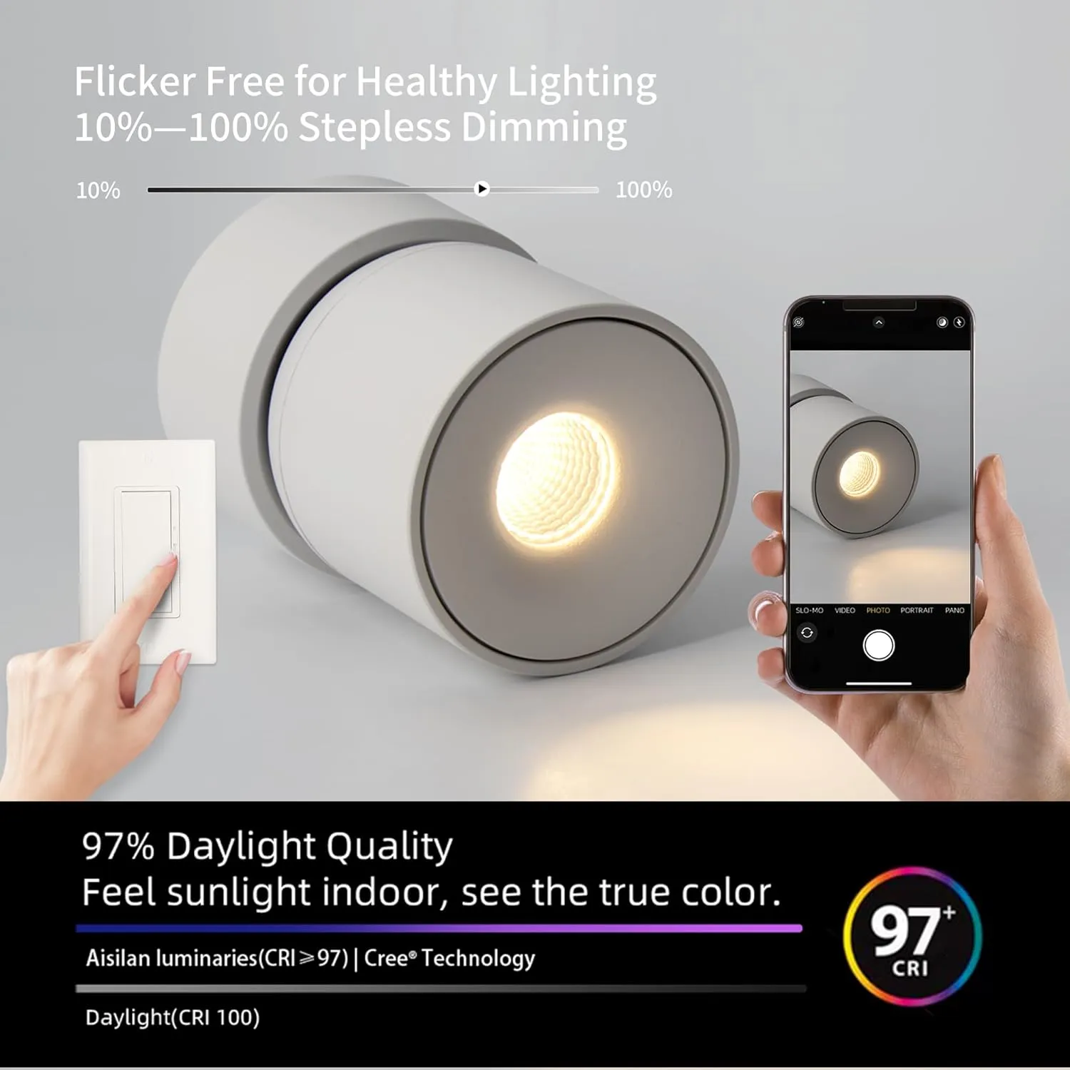 Aisilan LED Ceiling Spotlight Indoor Dimmable 2 Pack, 7W White Directional Accent Light, Adjustable Modern Wall Spot Light, Warm White CRI 97, for Living Room Bedroom (Install Upgrade)