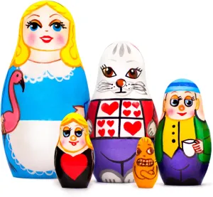 Alice in Wonderland Wooden Stacking Dolls Set 5 Pcs - Russian Nesting Doll Wood Matryoshka Babushka