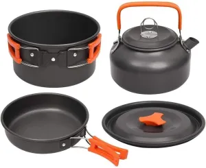 Aluminum Camping Cookware Set, Portable Kettle & Pots, Travel BBQ Picnic Cookware Kit for 2-3 People with Insulated Handles, Non-Stick, Foldable & Easy to Carry