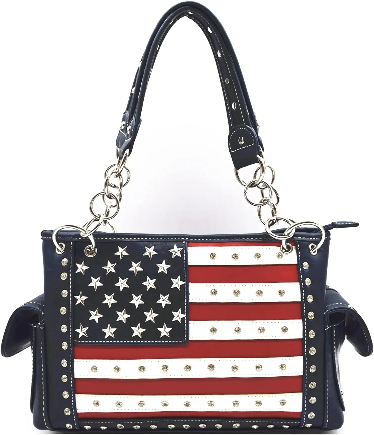 American Flag USA Stars and Stripes Patriotic Leather Purse Women Rhinestone Country Handbag Wallet Set Red White and Blue
