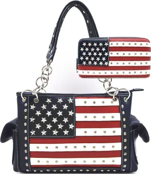 American Flag USA Stars and Stripes Patriotic Leather Purse Women Rhinestone Country Handbag Wallet Set Red White and Blue