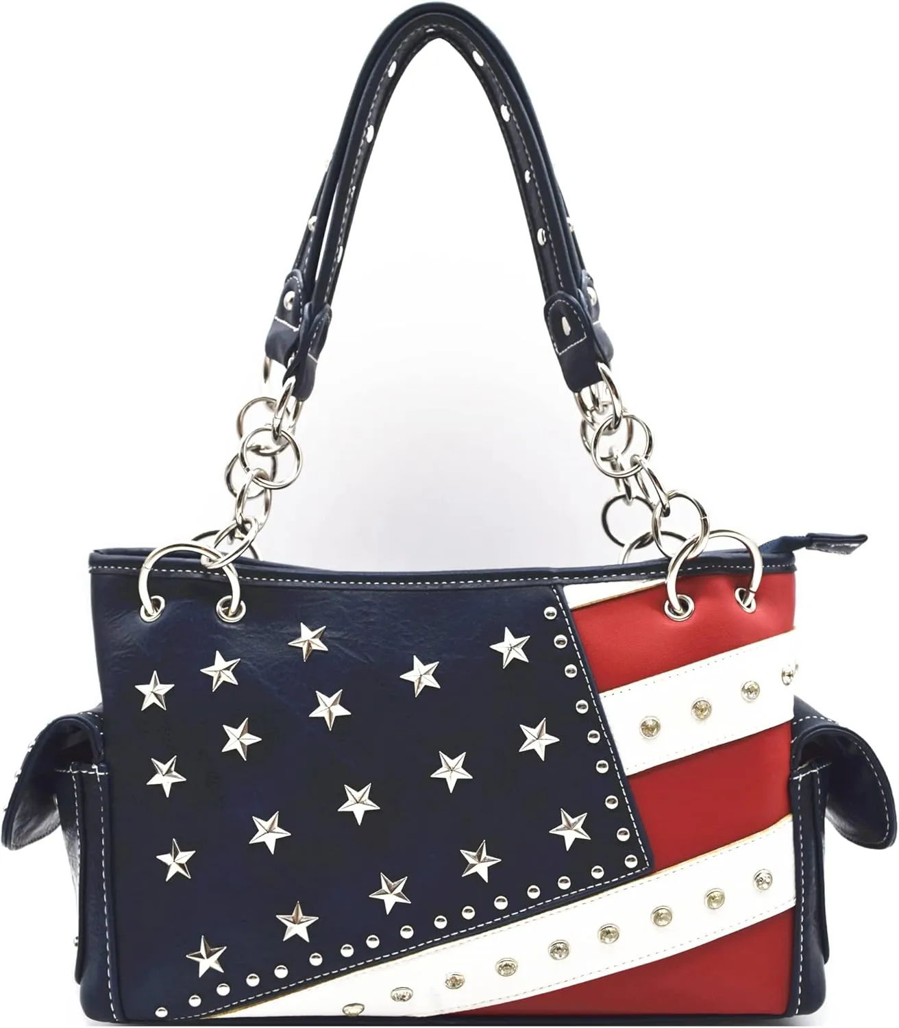 American Flag USA Stars and Stripes Patriotic Leather Purse Women Rhinestone Country Handbag Wallet Set Red White and Blue