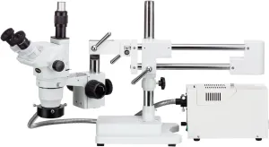 AmScope ZM-4TW3-FOR Professional Trinocular Stereo Zoom Microscope, EW10x and EW25x Eyepieces, 2X-225X Magnification, 0.67X-4.5X Zoom Objective, Fiber-Optic Ring Light, Double-Arm Boom Stand, 110V-120V, Includes 0.3x and 2.0x Barlow Lenses