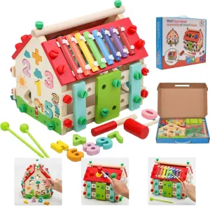 Aozzy Montessori Busy House Toy, 6 in 1 Wooden Activity Cube for Toddlers 1-3 with Xylophone Digital Screws, Sensory Toys for Toddler, Fine Motor Skills, Birthday Gift for Toddler