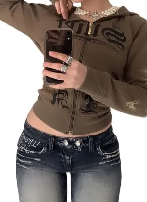 Argeousgor Women Graphic Zip Up Crop Hoodie Vintage Skull Skeleton Crop Sweatshirt Aesthetic Long Sleeve Jacket