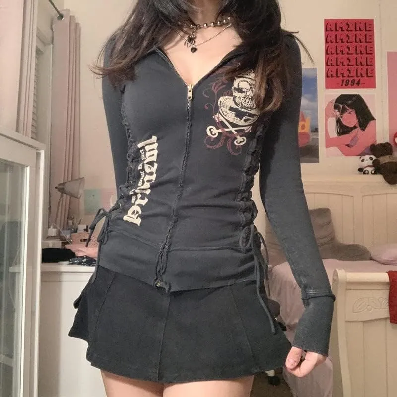 Argeousgor Women Graphic Zip Up Crop Hoodie Vintage Skull Skeleton Crop Sweatshirt Aesthetic Long Sleeve Jacket