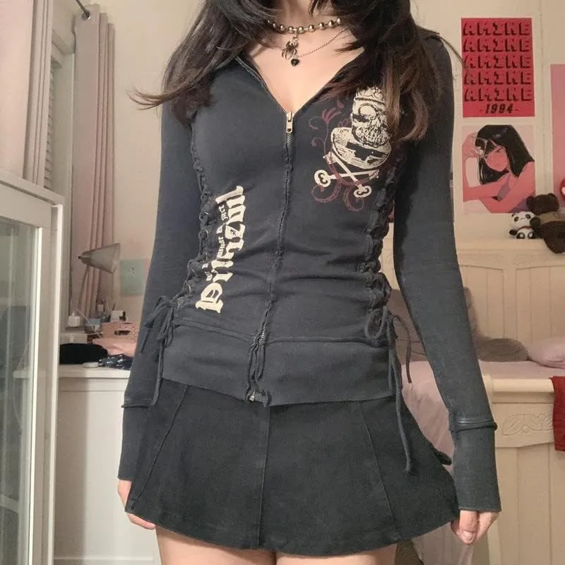Argeousgor Women Graphic Zip Up Crop Hoodie Vintage Skull Skeleton Crop Sweatshirt Aesthetic Long Sleeve Jacket
