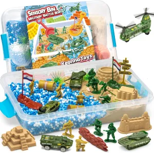 Army Men Sensory Bin with Lid, Sand Box with Military Battle Playset for Kids, Preschool Learning Activities Sensory Tools Kit Toys, Birthday for Boy, Outdoor Sandbox Toy for Toddlers