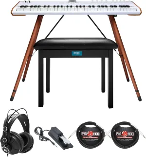 Arturia Astrolab Avant-Garde 61-Note Semi-Weighted Stage Keyboard (White) Bundle with Arturia Wooden Legs for Keylab MKII 88 and Polybrute (Cinnamon), and Knox Gear Piano Bench (7 Items)