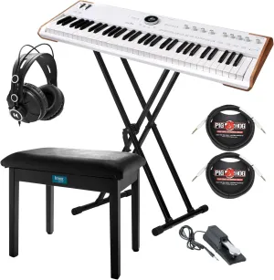 Arturia Astrolab Avant-Garde 61-Note Semi-Weighted Stage Keyboard (White) Bundle with Stand, Bench (Black), Headphones, Pedal (Black) and Guitar Cable (2-Pack) (7 Items)