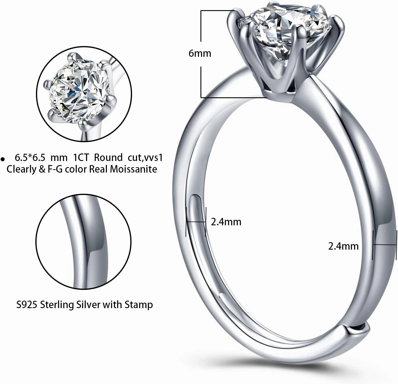 Atylyk 1 Carat Moissanite Adjustable Engagement Ring Wedding Promise 925 Sterling Silver Solitaire Rings for Women
