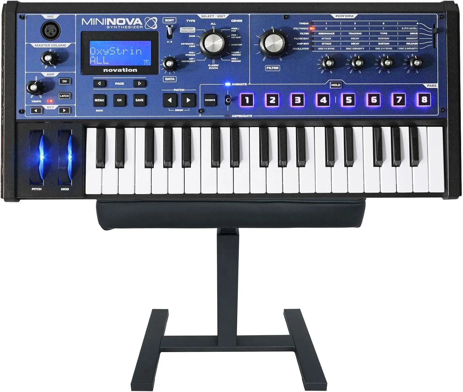 Audiosavings Bundle: (1) Novation MiniNova 37-Key Compact Studio Live Sound USB MIDI Keyboard Synthesizer Bundle With (1) Rockville AIR-BENCH Keyboard/Piano Bench Chair Hydraulic Air Lift, Padding