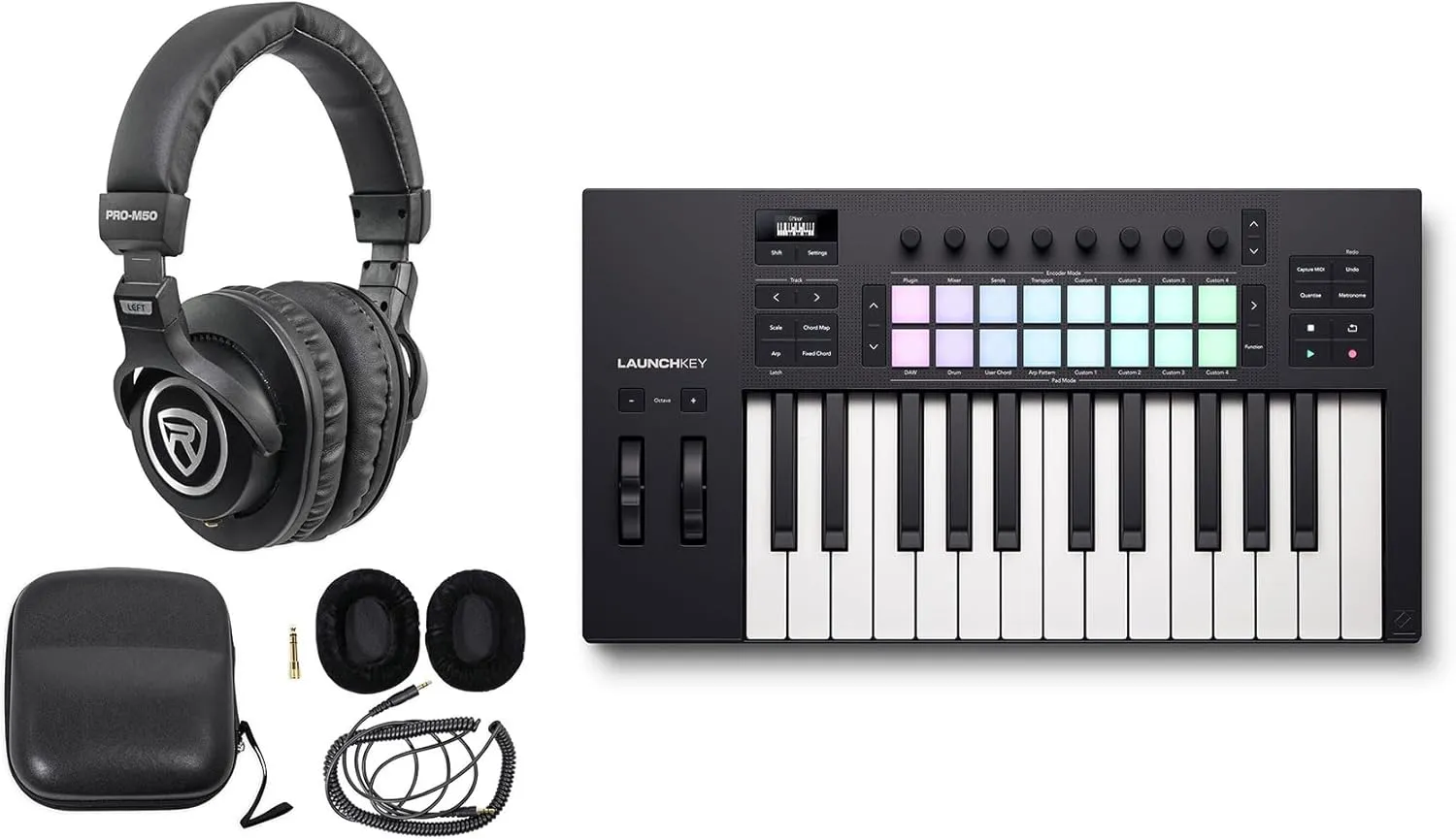 Audiosavings Bundle: Novation LAUNCHKEY 25 MK4 25-Key USB MIDI Ableton Live Keyboard Controller Bundle with Rockville PRO-M50 Studio Headphones w/Detachable Coil Cable & Case Extra Ear Pad (2 Items)
