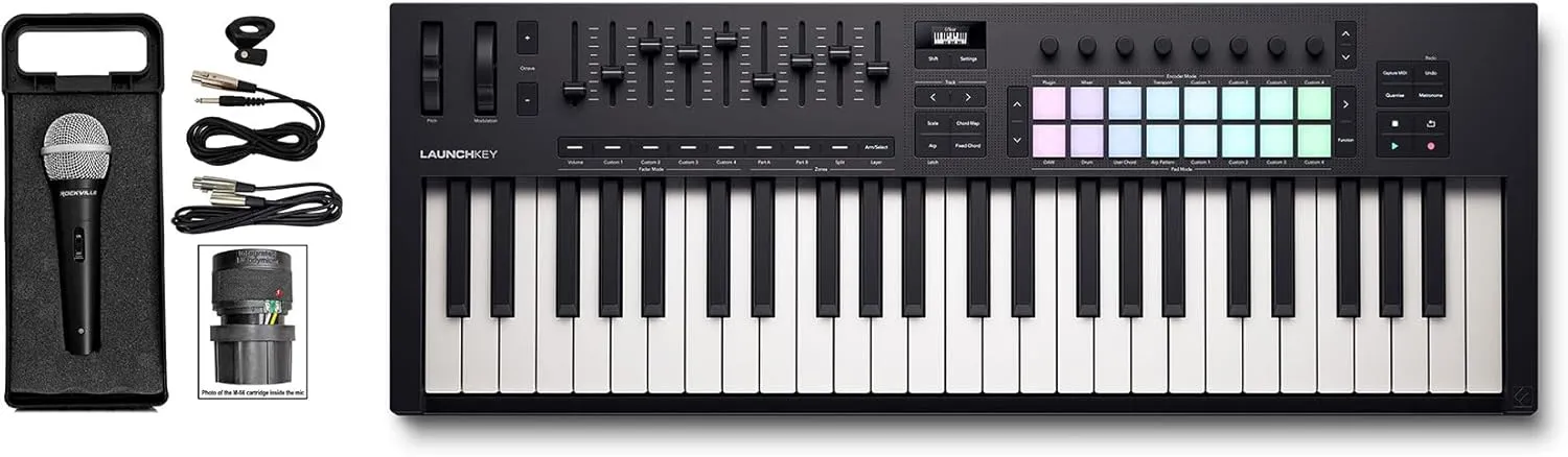 Audiosavings Bundle: Novation LAUNCHKEY 49 MK4 49-Key USB MIDI Ableton Live Keyboard Controller Bundle with Rockville RMC-XLR High-End Metal DJ Handheld Wired Microphone Mic w (2) Cables (2 Items)